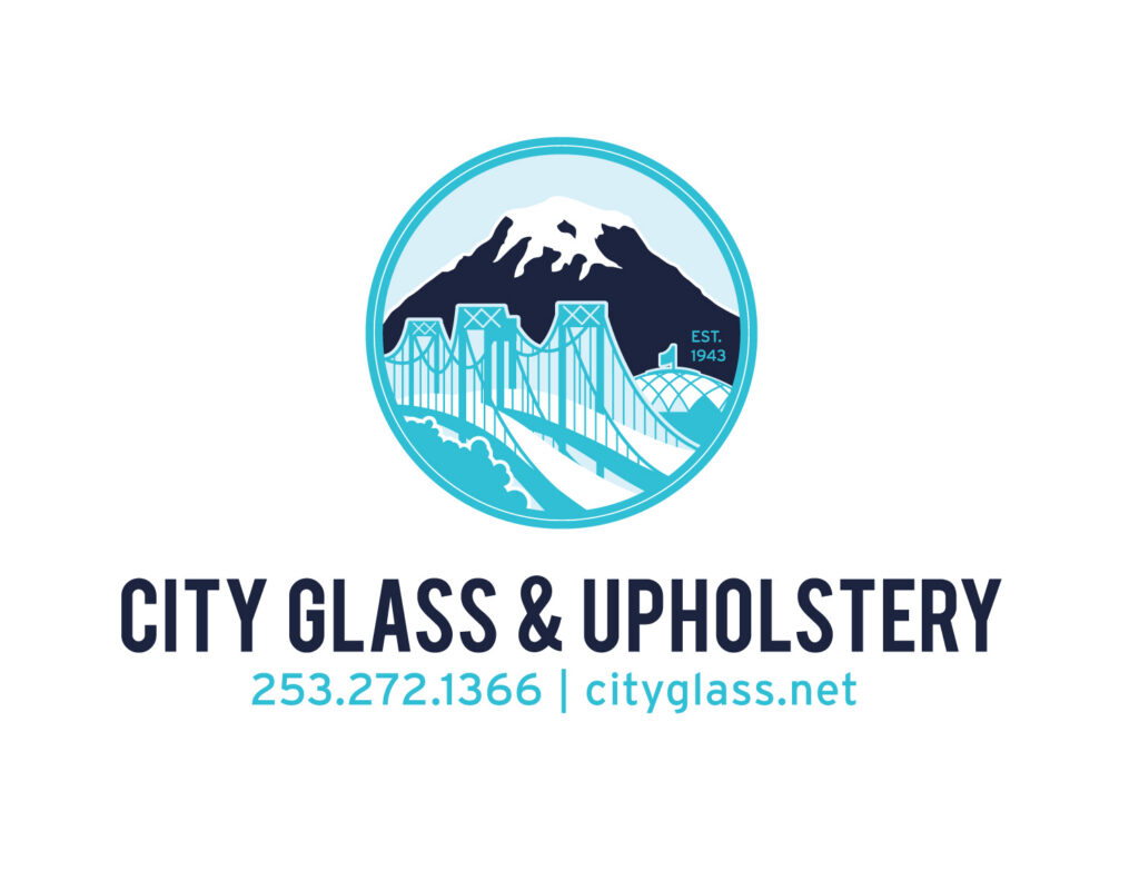 Logo: circular turquoise emblem with mountains and a suspension bridge, EST. 1943, and the text 'CITY GLASS & UPHOLSTERY' with a blue contact line 253.272.1366 | cityglass.net.