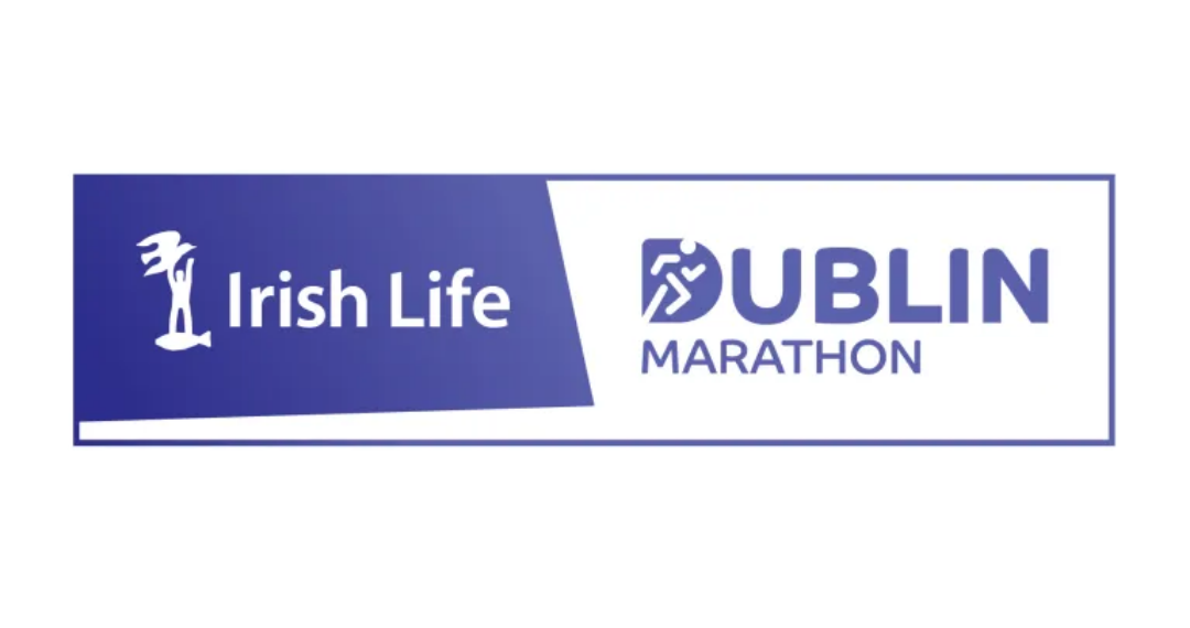 Logo banner for Irish Life Dublin Marathon with a blue gradient left panel and a white right panel, featuring a running figure and the text 'Irish Life' and 'DUBLIN MARATHON'.