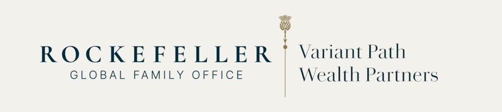 Logo for Rockefeller Global Family Office and Variant Path Wealth Partners, separated by a gold vertical line with a wheat motif at the top.