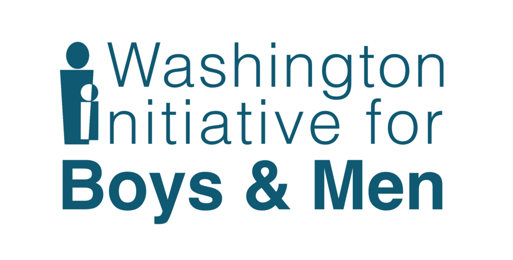 Logo for Washington Initiative for Boys & Men, with a teal abstract figure on the left and text to the right.