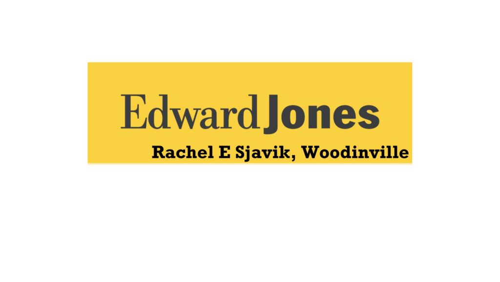 Edward Jones logo on a yellow banner, showing advisor Rachel E Sjavik, Woodinville